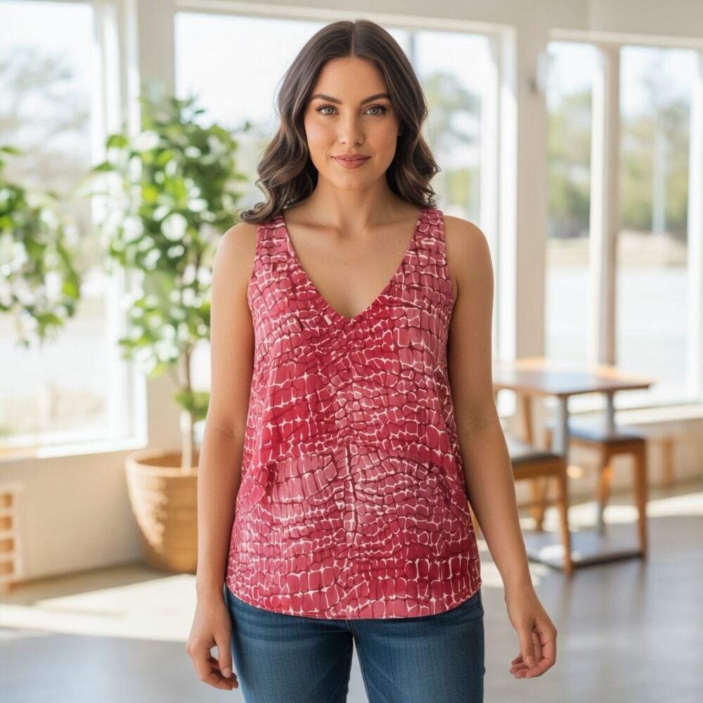 White House Black Market Red Abstract Sleeveless V-Neck Blouse Women’s Small